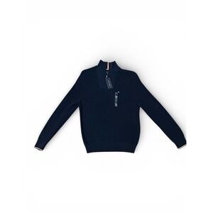 Tommy Hilfiger Men Navy Blue Quarter Zip Sweater Ribbed Knit Logo Size M NEW